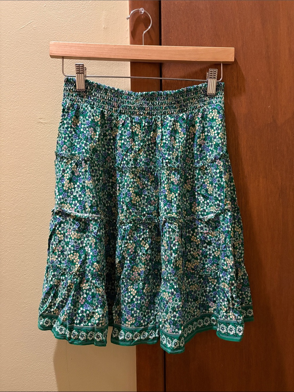 Max Studio Green Floral Tiered Skater Skirt with Smocked Waist